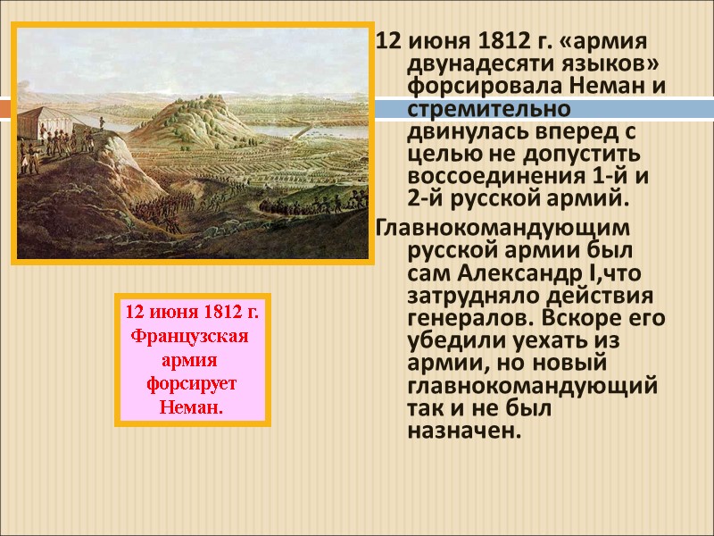 12 июня 1812 г. «армия двунадесяти языков» форсировала Неман и стремительно двинулась вперед с